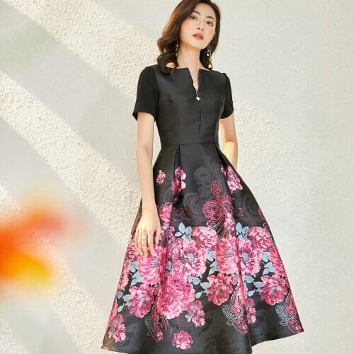Summer Spring Women Elegnat Floral Dress , Woman Clothes Short Sleeve Vintage Dobby Flower Dresses
