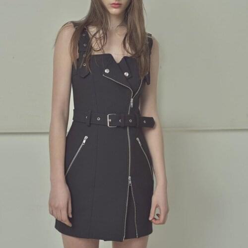 COLDKER Women Punk Dress Black Gothic Short Dresses Zip Buckle Strap Cosplay Retro Dress S M L Street Wear Summer Clothing