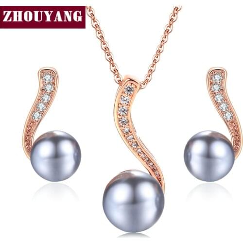 ZHOUYANG ZYS277 Black Imitation Pearl Rose Gold Color Jewelry Necklace Earring Set Rhinestone Made with Austrian Crystals