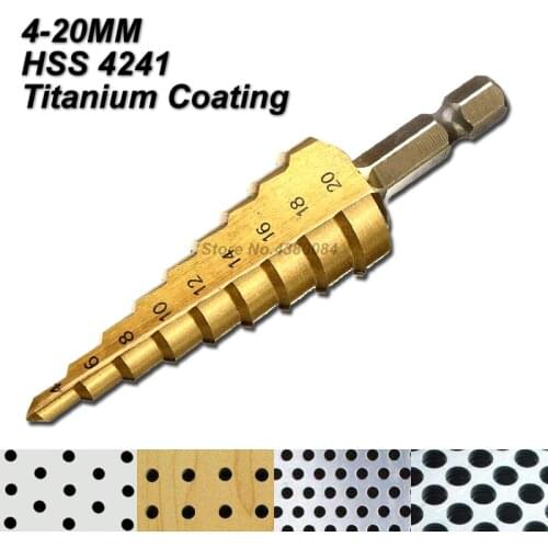 1Pc 4-20MM Titanium Coating HSS Step Drill Bit 1/4'' Hex Shank Cone Grooved Hole Cutter DIY Punching Power Tools