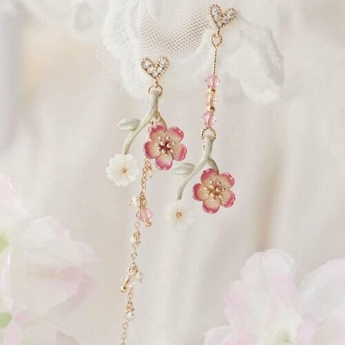 Korean Vintage Metal Pink Flower Long Dangle Earrings For Women Girls Brincos Temperament pendientes mujer Jewelry