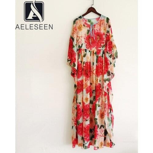 AELESEEN Runway Fashiop Summer Dress Women 2021 High Qaulity Batwing Sleeve Flower Print Long Ruffles Party Holiday Dress