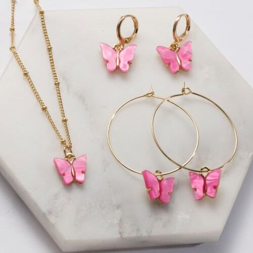 Acrylic Butterfly Pendant Earrings Necklace Combination Set Japan and South Korea Sweet Style Alloy Chain Jewelry Set Earring