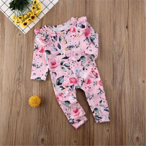 Free shipping Kids Baby Girls Clothes Knit Flower print Long Sleeve Button Romper Ruffle round neck Toddler Jumpsuit one pieces