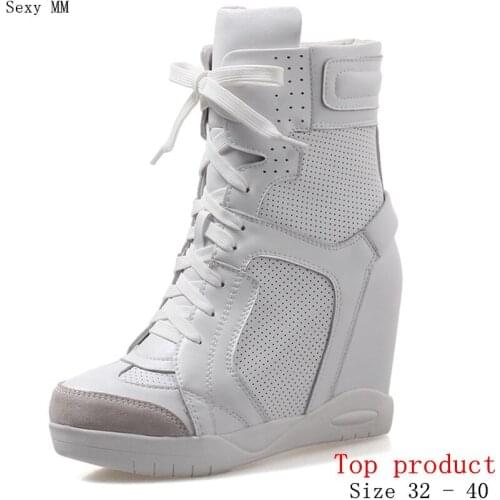 Platform Shoes Women Wedges Ankle Boots Height Increasing Short Boots High Heel Shoes Genuine Leather Small Plus Size 32 33 - 40