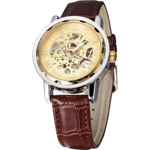 SEWOR Top Brand Luxury Men Watches Leather Strap Mechanical Hand Wind Skeleton Wrist Watches Luxury Gold Watch relogio masculino