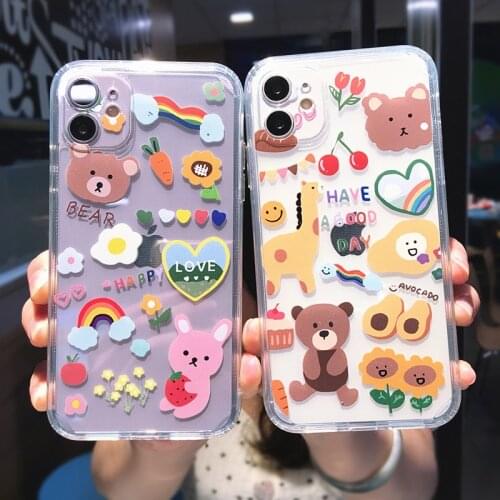 Cute Cartoon Animal Flower Bear Rabbit Phone Case For iPhone 11 Pro MAX X XS XR 12 Mini 7 8 plus SE 2020 Transparent Soft Cover