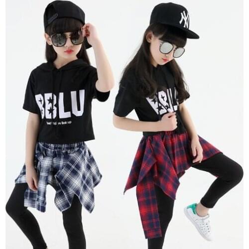 Children Girls Hip Hop Jazz Costume Modern Ballroom Dance Wear Short Long Sleeve Shirt Top Check Pantskirt Culottes