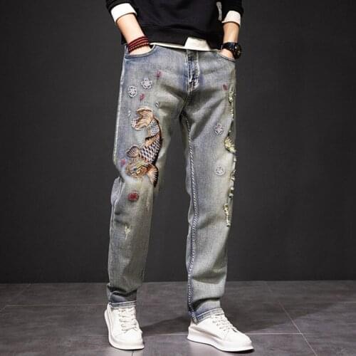 Mens Jeans Brocarded Carp Embroidery Fat Man Denim Pants Fashion Casual Clothes Men Clothing Jean Straight Slim Trousers