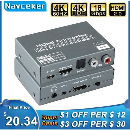 Navceker HDMI 2.0 Audio Extractor HDMI to RCA 4K 60Hz YUV4:4:4 HDR HDMI Audio Converter Adapter 4K HDMI to Optical TOSLINK SPDIF