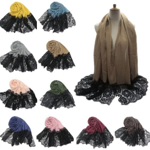 Cotton Linen Hijab Scarf Women 2021 Muslim Hijab Plain Head Scarves Lace Embroidery Floral Stole Foulard Long Shawl Wrap Head