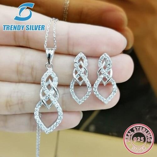 Complete pure 925 sterling silver zirconia clear CZ luxury jewelry set ring earrings for woman pendant necklace trendy design