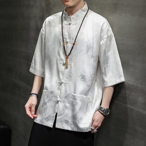 2021 Chinese Style Mens Ice Silk Shirt Casual Tang Suit Spring Summer Hanfu Chinese Disc Button Five-Point Sleeve Coat T-Shirt