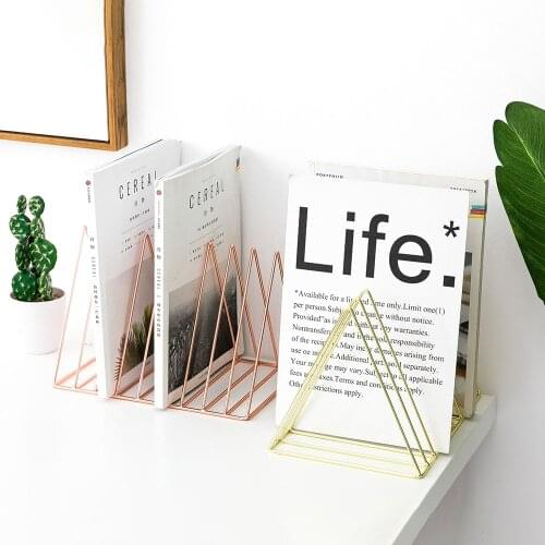 Gold Metal Magazine Organizer Rose Gold Wrought Iron Newspaper Rack Shelf Bookstand Book End Office Desktop Storage Holder
