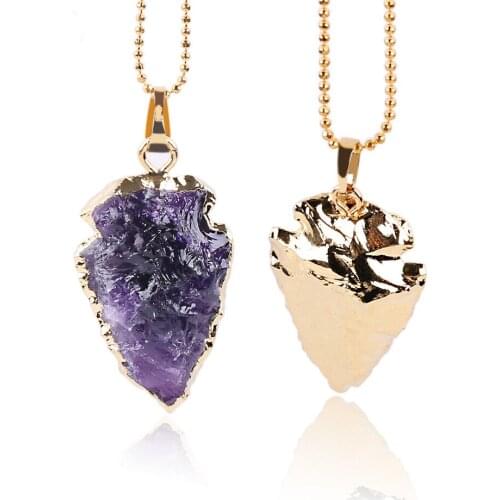 Trendy Irregular Natural Purple Crystal Pendant Necklace Gold Plated on Back Jewelry