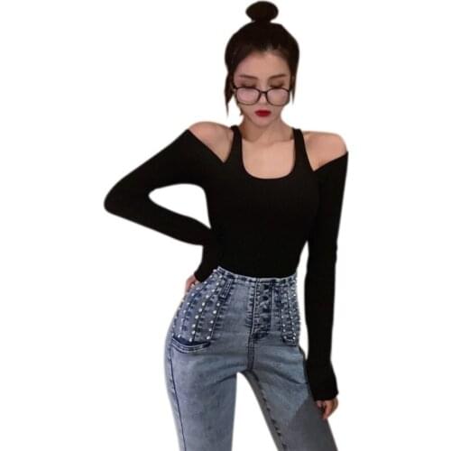 Sexy Women Hot Tops Ladies Summer Hollow Round Collar Off-shoulder Slim Solid Color Spring Long Sleeve Tops Women 2020