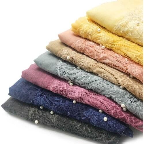 NEW lace hijab scarf pearl design flower embroidery fashion women scarves long shawls luxury wrap soft islamic hijabs bandana