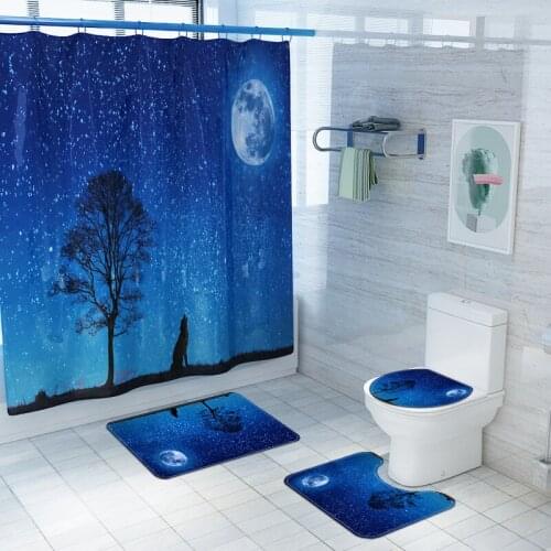 Blue Starry Sky Shower Curtains Set Non Slip Tree and Wolf Pattern Toilet Polyester Cover Mat Waterproof Bathroom Shower Curtain
