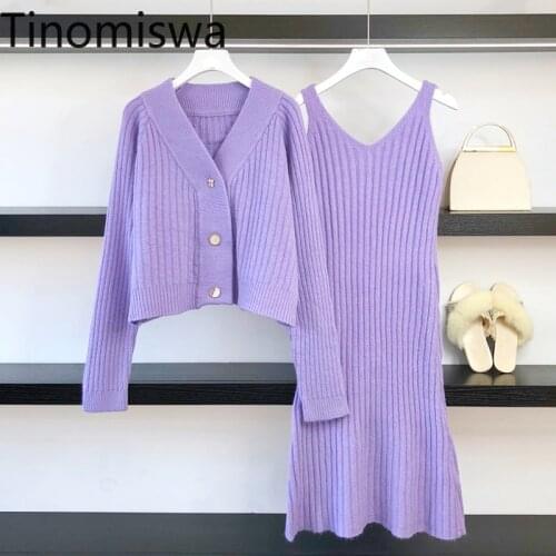 Tinomiswa New Fashion Women Two Piece Set V Neck Long Sleeve Cardigan Unicolor Spaghetti Strap Dress Casual Knitted Outfits