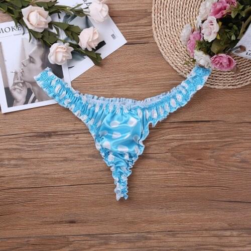 Mens Polka Dot Ruffled Panties Low Rise Soft Satin Bikini G Strings Thongs Men Penis Pouch Thong Briefs Underwear