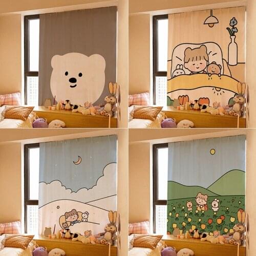 Cartoon Printed Curtains Velcro Curtains Punch-free Soft Blackout Window Curtain Self-adhesive Drapes for Home Living Room Decor