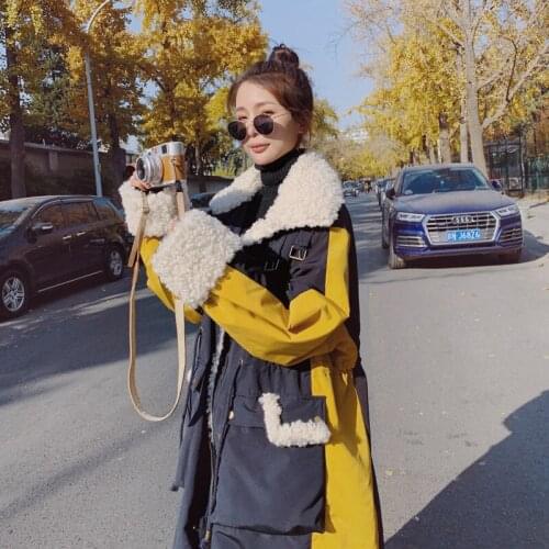 2021 Winter New Korean Stitching Lamb Velvet Womens Jacket Warm Thick Cotton Loose Female Parkas Long Overcoat Coat Mujer