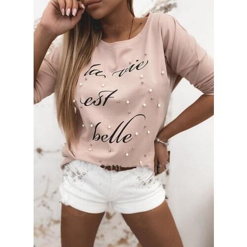 2021 Spring Autumn Fashion Round Neck Casual T Shirt Women Short Beading Letter Printing O-Neck Shirt Ladies Tops Women Clothing
