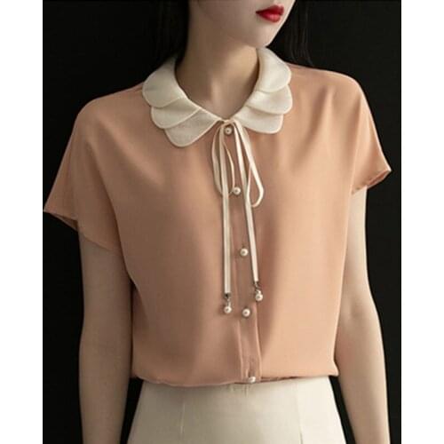 Bow Neck Chiffon Women Shirts Summer New 2021 Turn-Down Collar Shorts Solid Office Lady Outwear Tops