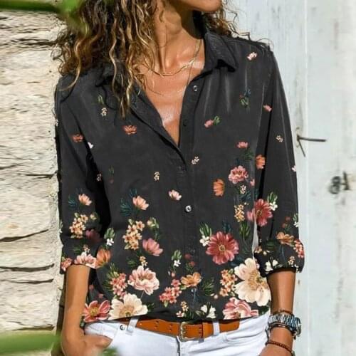 2021 Autumn Streetwear Lady Floral Printing Lapel Sexy Blouse V-Neck Top Long-sleeve Casual Shirt For Women Vintage Shirts Tops