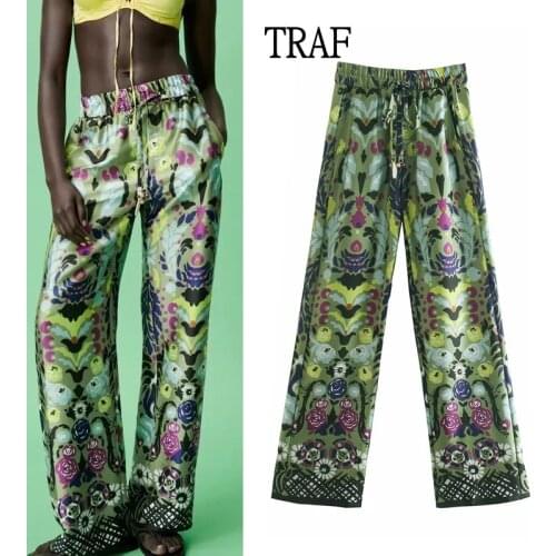 TRAF Pants Za Women 2021 Summer Y2k Print Long Pants Female Elastic High Waist Wide Leg Womens Clothing Pocket Casual Trousers