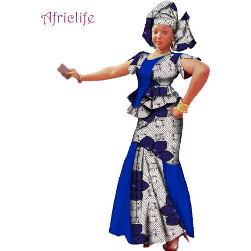 Headwrap Top Skirt 3 Piece Set Dashiki Women Dress African Wax Print Patchwork Clothes Lady Wax Print Cotton Female Set WY2431