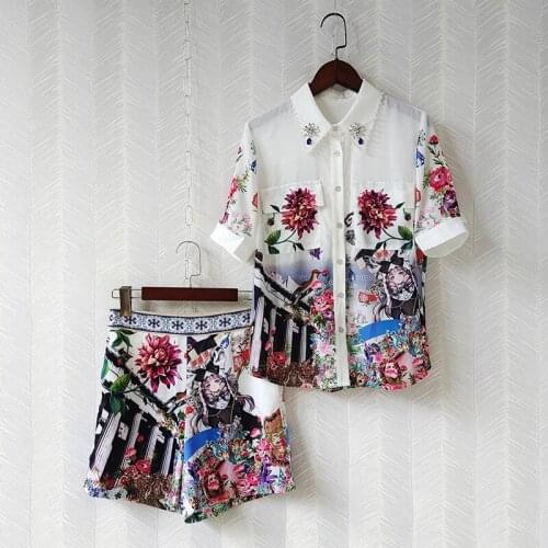 Womens Short Suits Summer 2021 New Fashion Printed Turn Down Collar With Diamonds Single Breasted Shirt + Shorts Two Piece Set