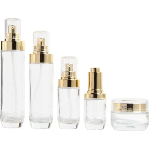 40ml 100ml 120ml Empty Clear Glass Lotion Pump Essential Oil Bottle Gold Lid Cosmetic Packaging Container 50g Cream Jar 8Pieces