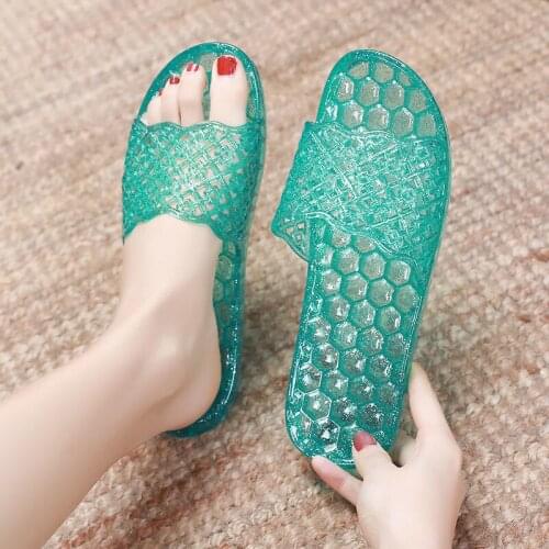 NEW Clear Candy Color Women Sandals Square Toe Flat Summer Shoes Transparent PVC SizeLarge size antiskid bathroom mom slippers
