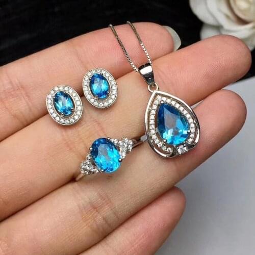 Free Shipping Natural Topaz jewelry set Natural Real Topaz 925 sterling silver 1pc pendant,1pc ring ,2pcs Earring