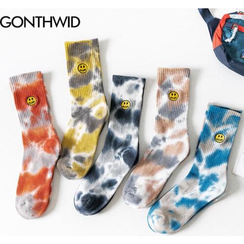 GONTHWID Socks Streetwear Embroidery Smile Face Tie Dye Hip Hop Men Women Harajuku Fashion Casual Casual Cotton Sock