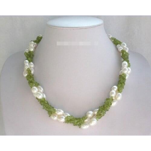 Good>>>>stunning 3rows 11mm rice white freshwater pearls green peridot necklace y447 6.07