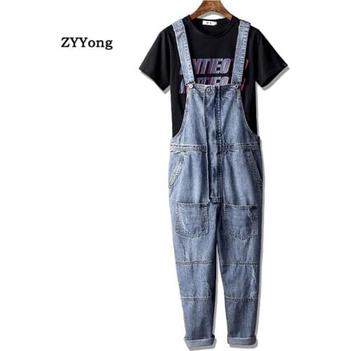 Europe And America Men Denim Bib Overalls Loose Retro Fashion Hip Hop Streetwear Jumpsuit Blue Jeans Pants Freight Trousers