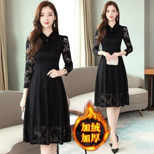 Lace dress plus velvet thickening autumn and winter womens retro French slim waist thin long black dress