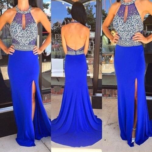 Charming Crystal Beaded Long Prom Gown High Split Backless Formal Women Party Dress for Weddings Custom Made