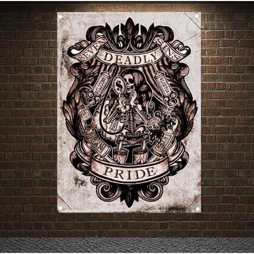 SEVEN DEADLY SINS PRIDE Tattoo Banners Canvas Painting Skull Art Posters Flags Flip Chart Tapestry Mural Wall Hanging Home Decor