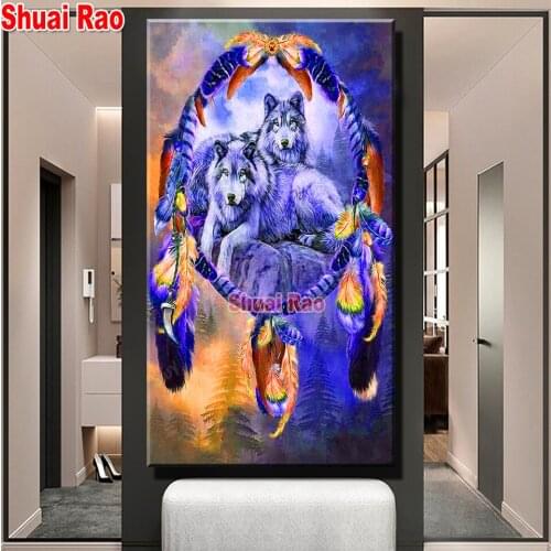 Full Round/Square Drill DIY Diamond Painting Wolf Dream Catcher Picture Of Rhinestone,feather Animal Mosaic kits 3d Crystal Wall