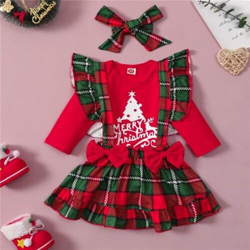 3 Pieces Baby Girl Christmas Dress Clothes Set Letter Print O-Neck Long Sleeve Romper+ Plaid Suspender Skirt+ Headband