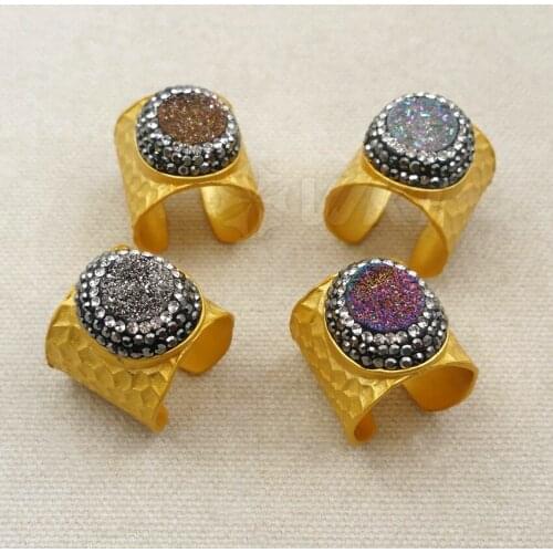 RR020 WKT New Comming Round Shape Druzy Quartz Ring With Exquisite Rhinestone Pave Ring For Women Fashion Natural Stone Ring