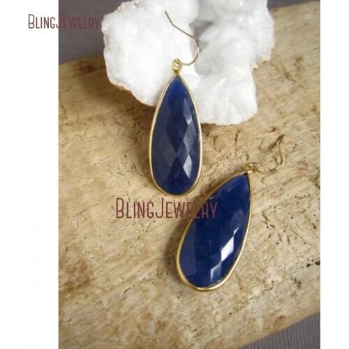 Blue Sapphires Earrings Large Drop Earrings Gold Vermeil Bezel Set Dnagle Earrings ER21046
