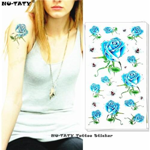 Nu-TATY Blue Lover Rose Bee Temporary Tattoo Body Art Arm Flash Tattoo Stickers 17*10cm Waterproof Henna Painless Tattoo Sticker