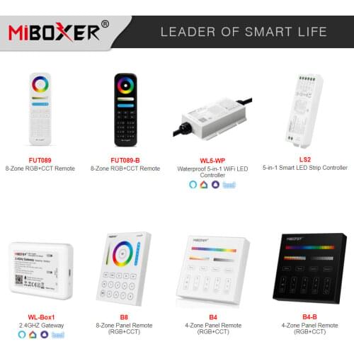 Miboxer smart 2.4G RGB+CCT Switch 8 Zone remote 4 Zone Touch Panel Waterproof 5-in-1 LED Strip Light Controller 2.4GHz Gateway