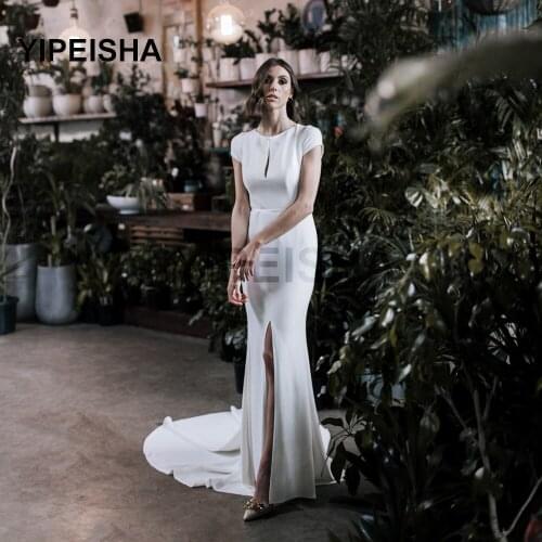 O-Neck Short Sleeve Mermaid Evening Dress Front High Split Court Train Simple Bridal Gown robe de soirée de mariage فساتين السهر