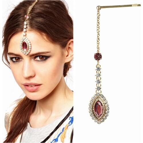 Elegant Rhinestone Bride Hair Piece Pin Women Wedding Headpiece Pink Crystal Forehead Jewelry Indian Hair Head Chain Headband