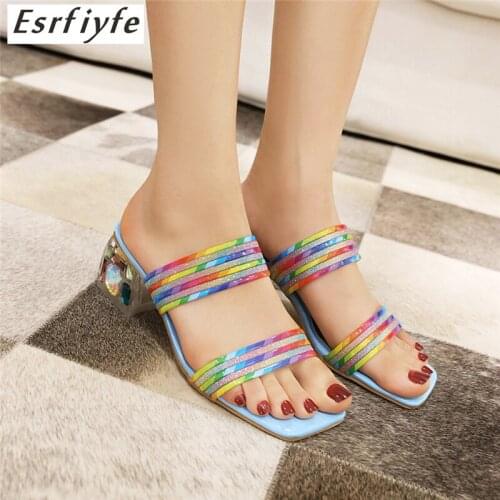 ESRFIYFE Rainbow Slippers Women Crystal High Heel Slipper Open Toed Shoes Woman Beach Slides Flip Flips Lady Shoes Large Size 48